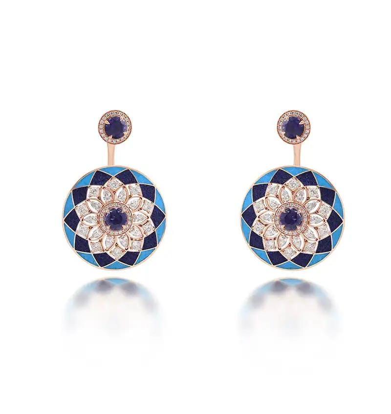 18K recycled rose-gold earrings with lapis and turquoise inlay, pear and cushion-cut diamonds and iolites.
