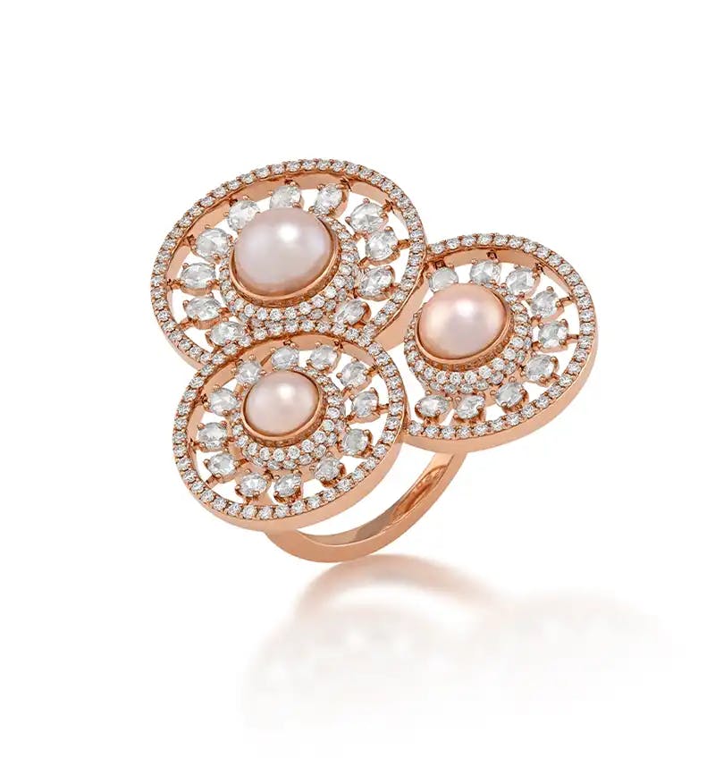 18K recycled rose gold ring with rose-cut diamonds, Akoya pearls, pavé diamonds.