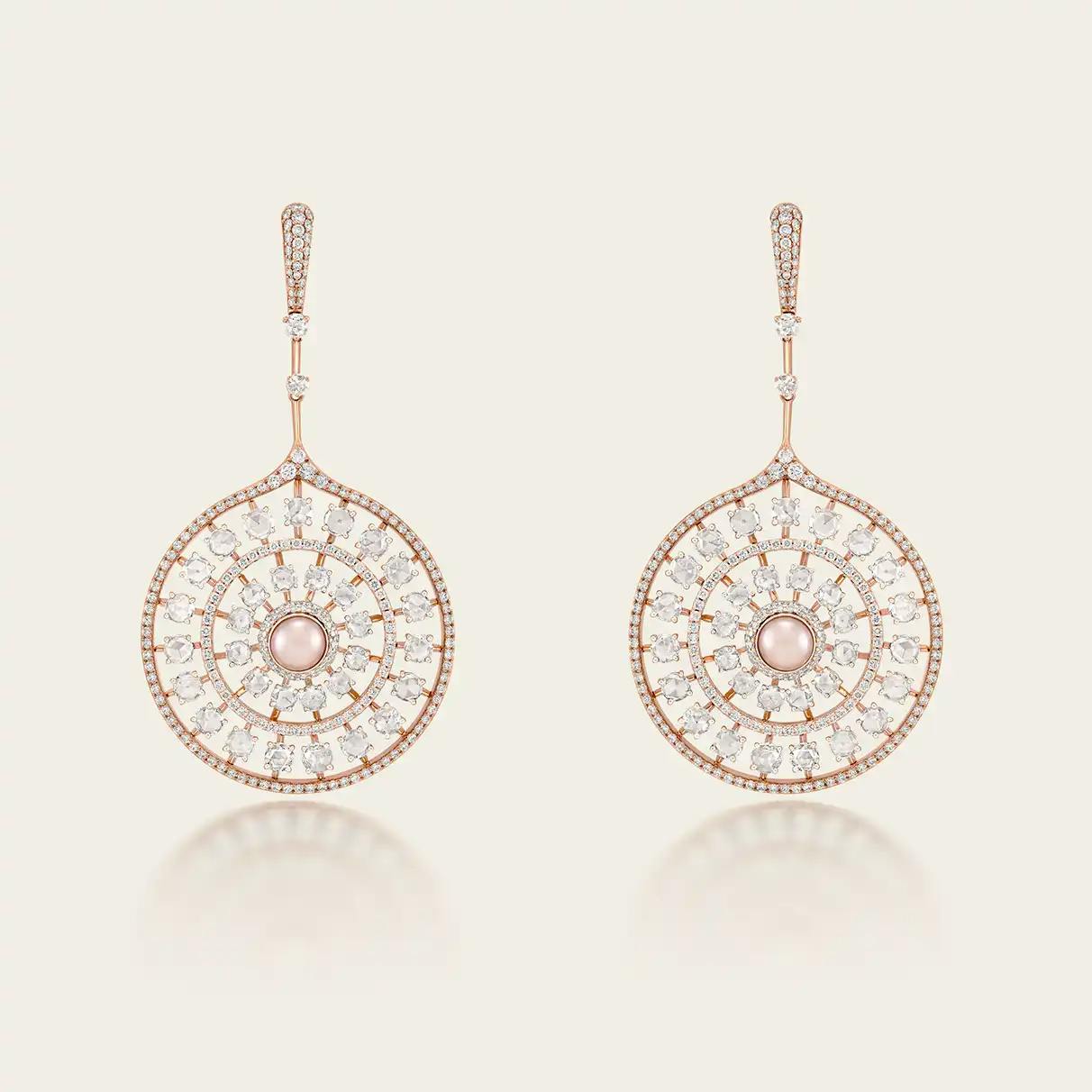 18K recycled rose gold earrings with rose-cut diamonds, Akoya pearls, pavé diamonds.