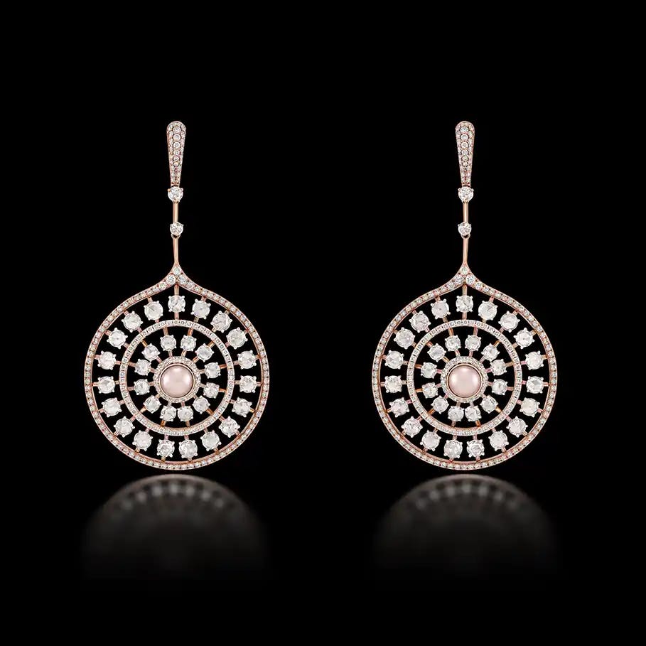 18K recycled rose gold earrings with rose-cut diamonds, Akoya pearls, pavé diamonds.