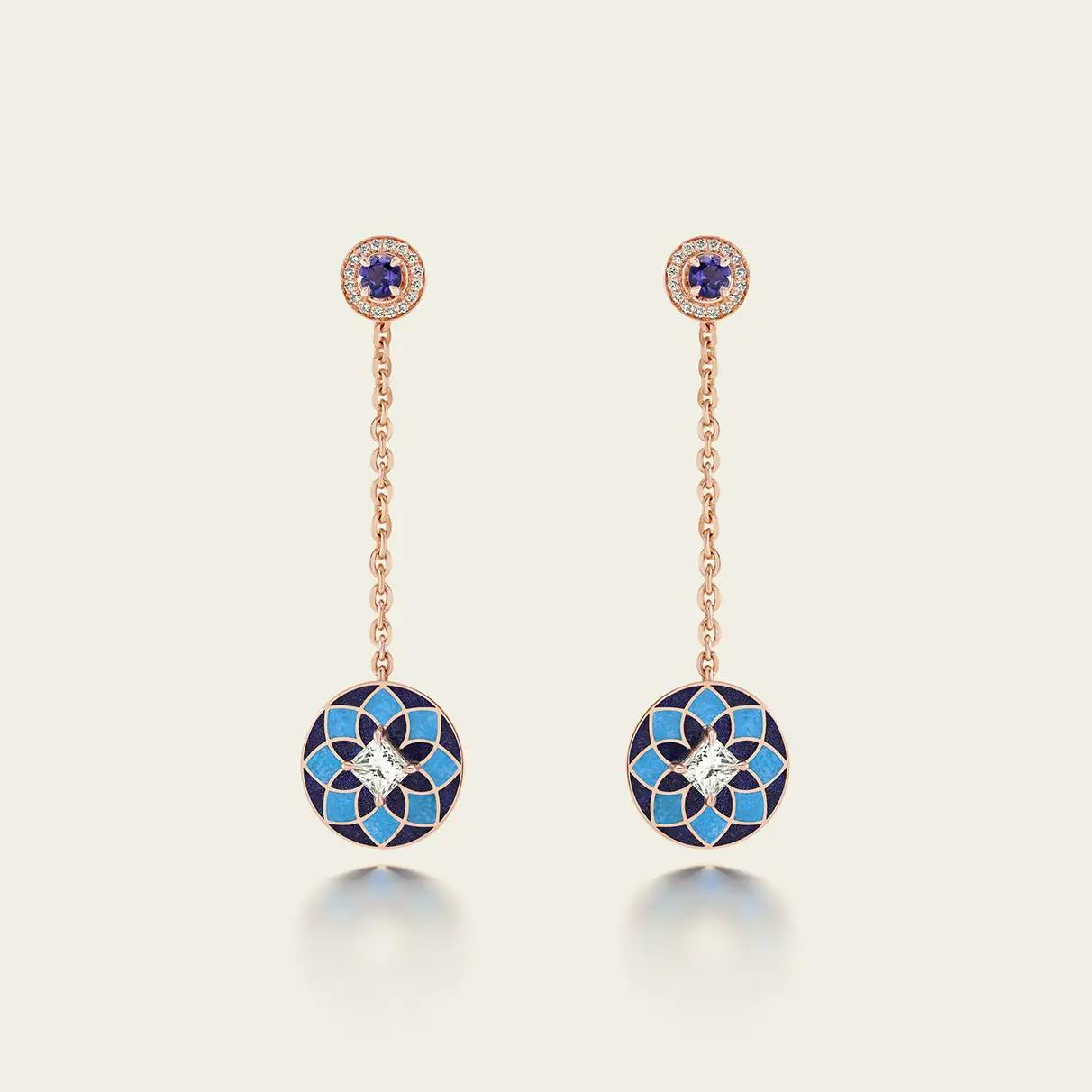 18K recycled rose-gold earrings with lapis and turquoise inlay, princess-cut diamonds and iolites.