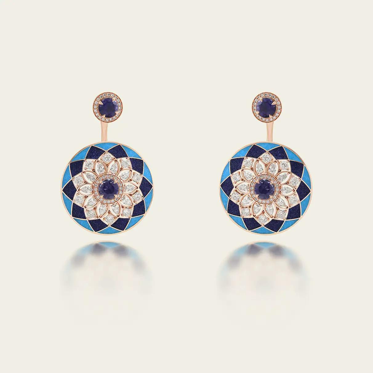 18K recycled rose-gold earrings with lapis and turquoise inlay, pear and cushion-cut diamonds, and iolites.