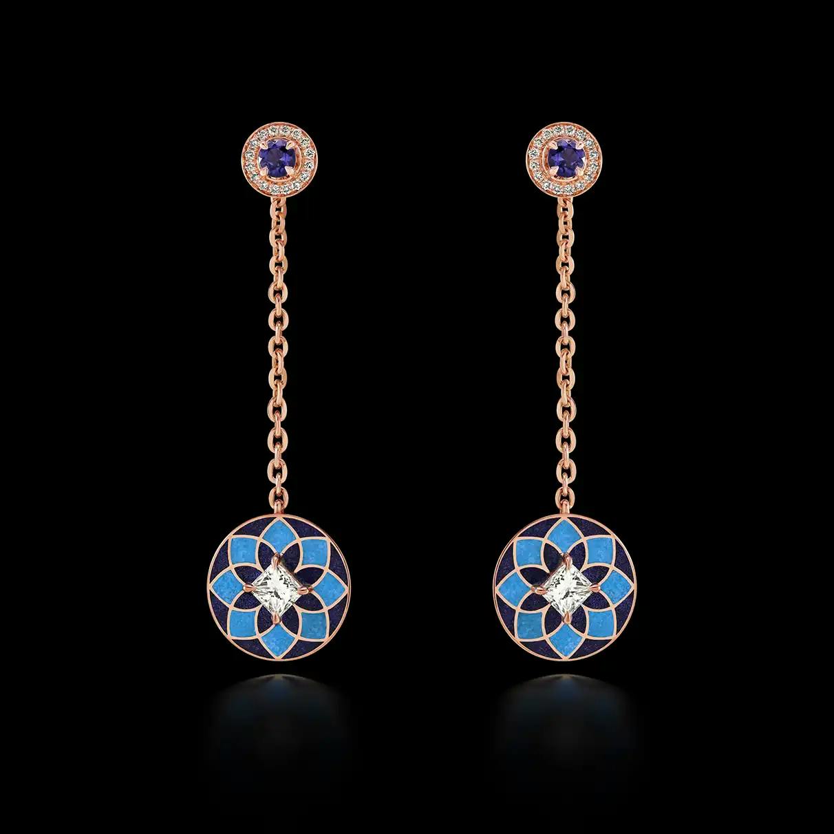 18K recycled rose-gold earrings with lapis and turquoise inlay, princess-cut diamonds and iolites.