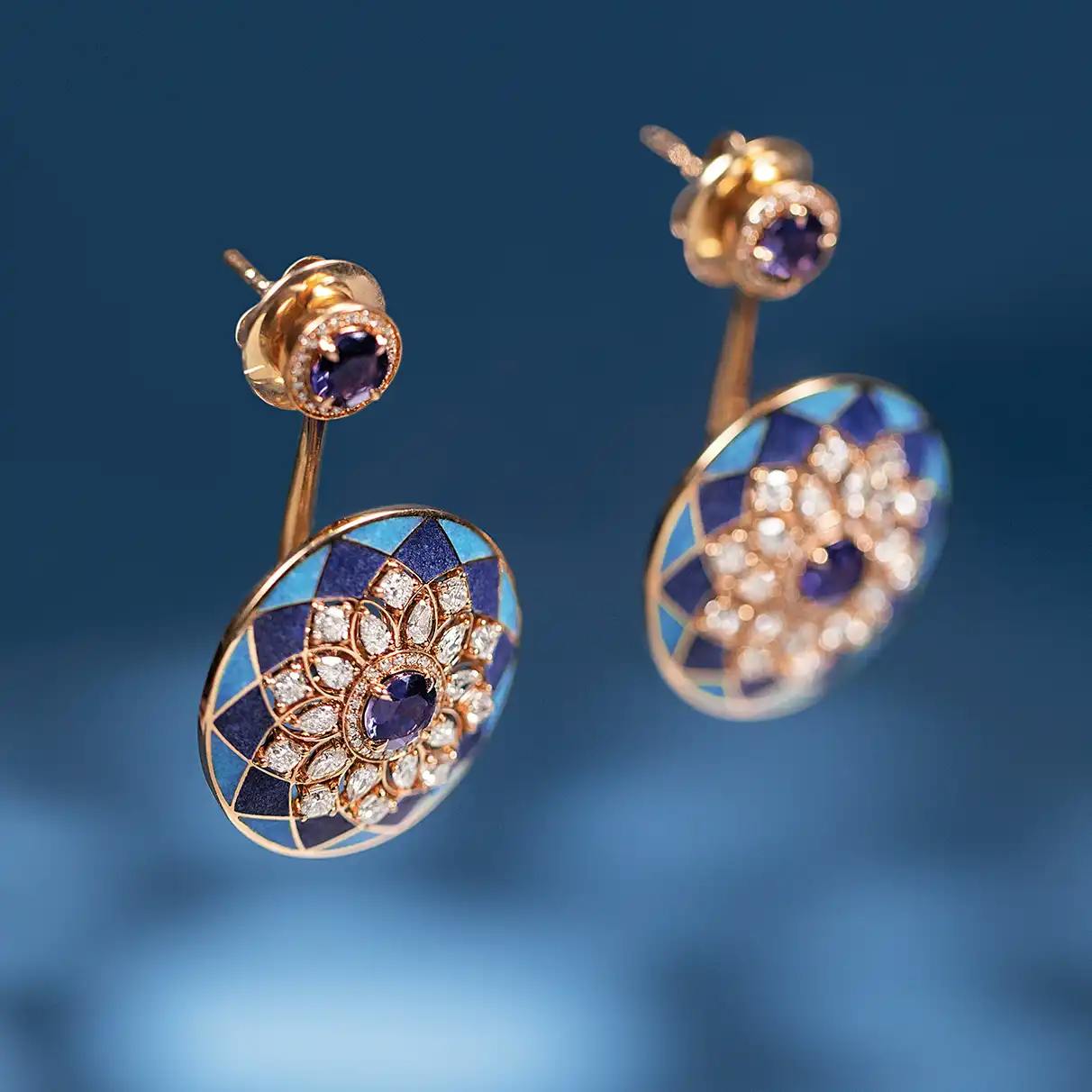 18K recycled rose-gold earrings with lapis and turquoise inlay, pear and cushion-cut diamonds, and iolites.