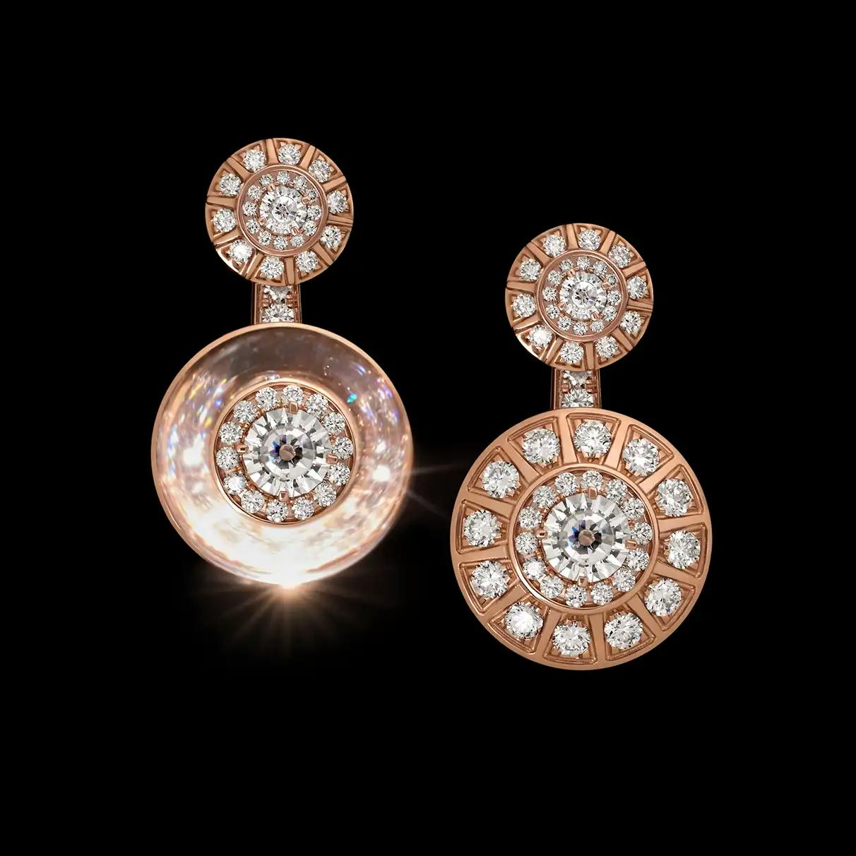18K recycled rose-gold earrings with special Charkha-cut innovative diamonds, pavé diamonds.