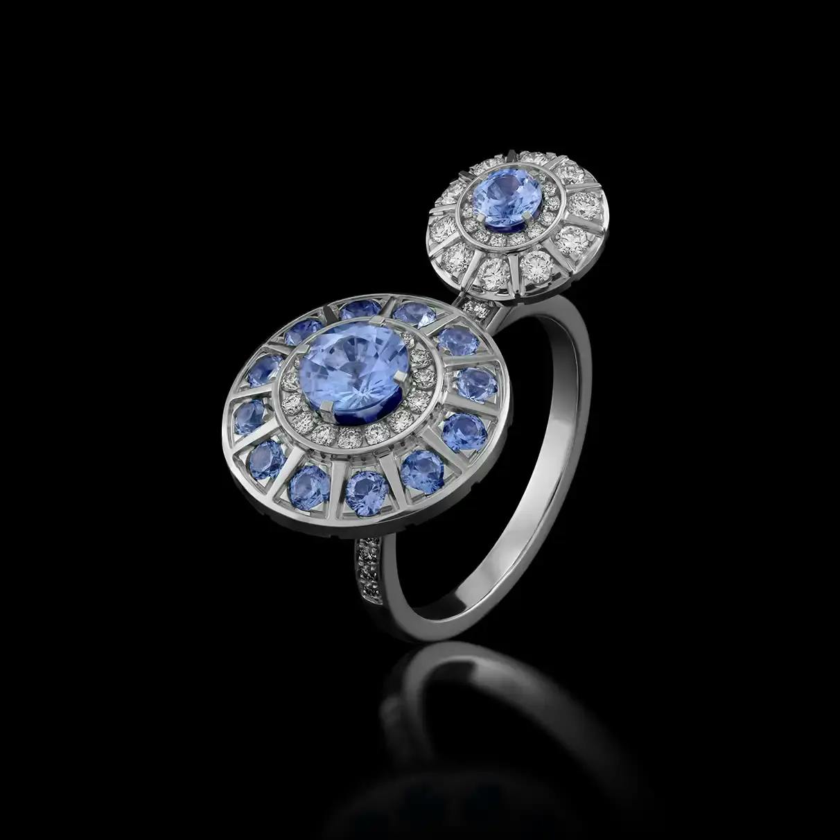 18K recycled white-gold earrings with blue sapphires, pavé diamonds.